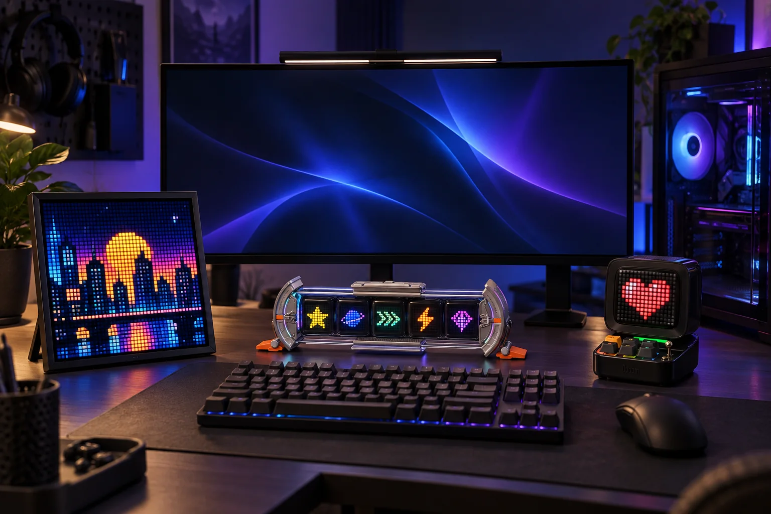 Gaming desk with Divoom Pixoo 64, TimesGate II and Ditoo Pro