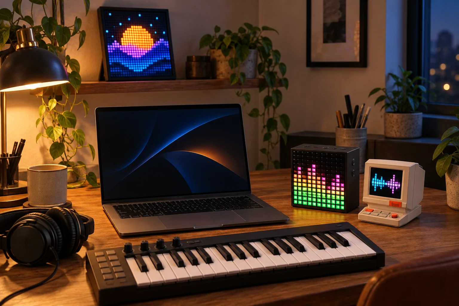 Music desk with Divoom Pixoo 64, Timebox Evo and MiniToo