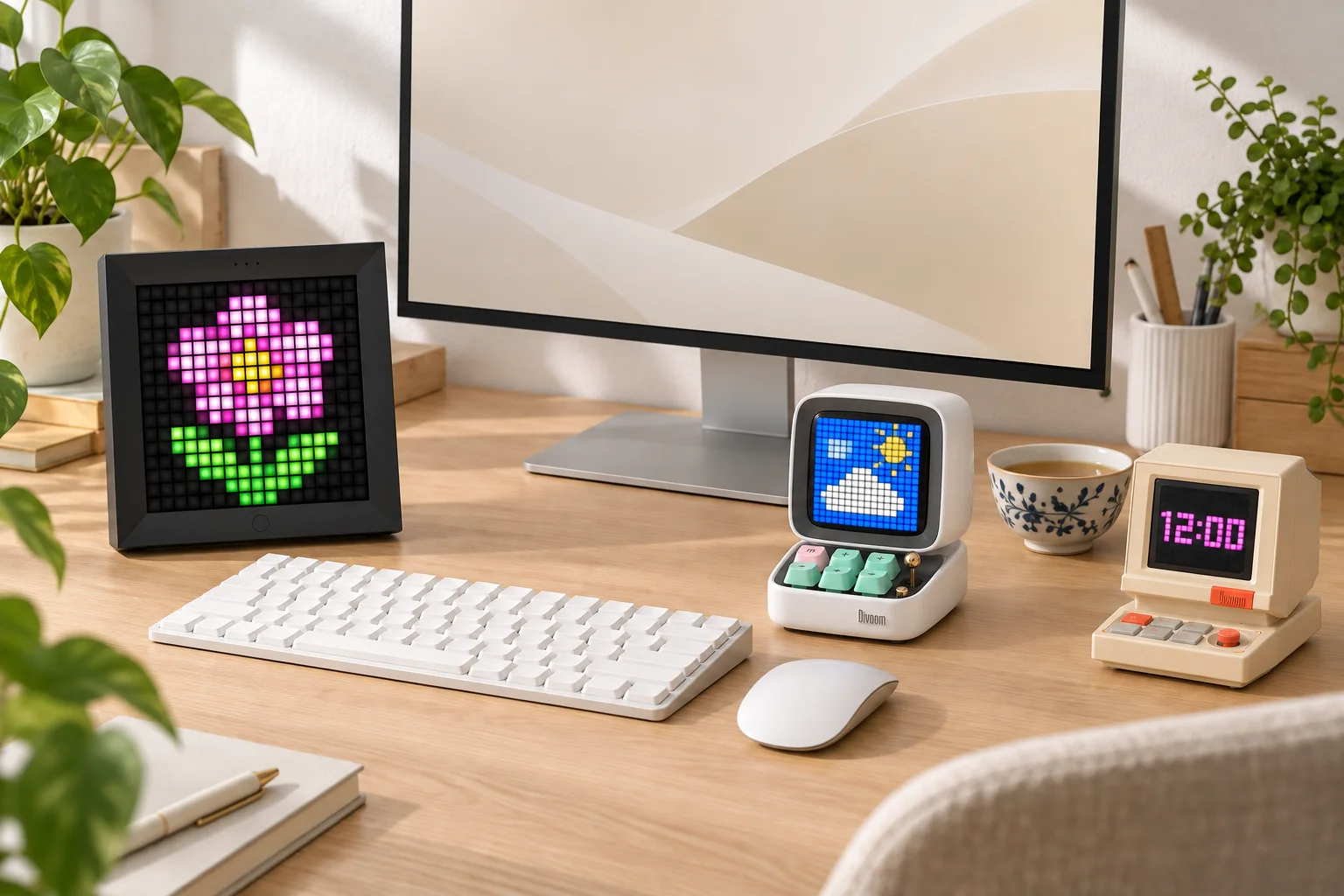 Bright desk with a white Divoom Ditoo Pro, Pixoo and MiniToo