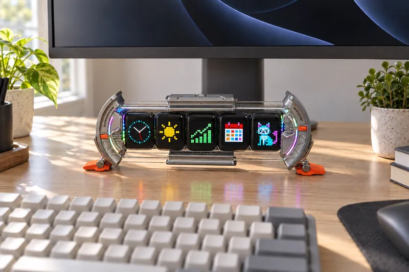 Divoom TimesGate II — Monitor ostida — besh ekranda ma’lumot